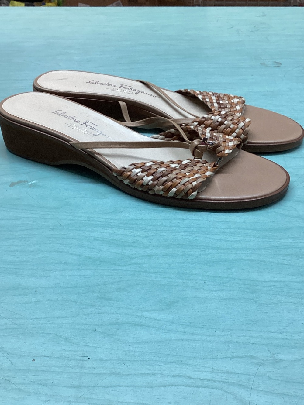 Salvatore Ferragamo Tan & Cream Woven Leather Wedge Mules